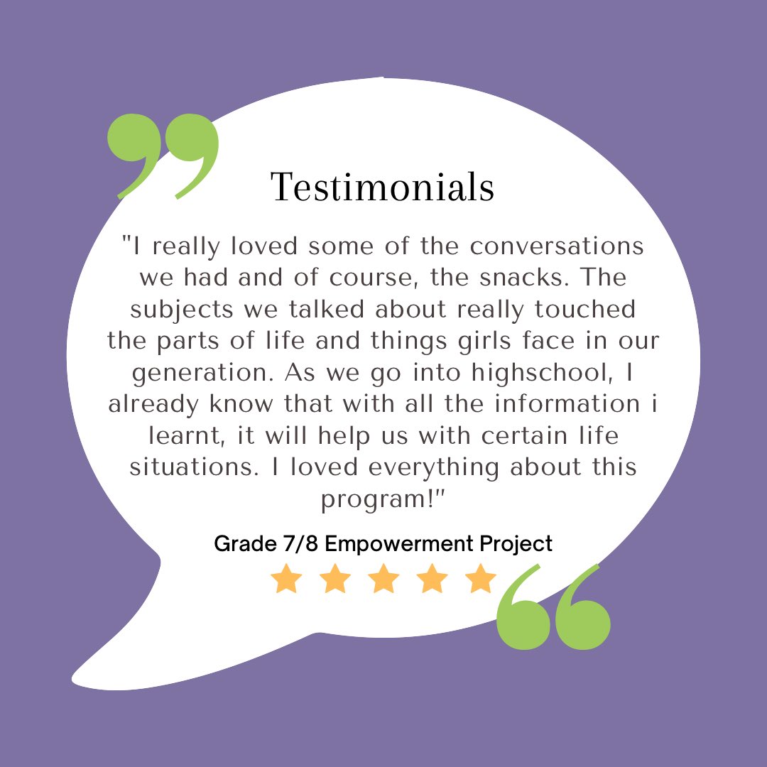That’s a wrap on our grade 7/8 empowerment project! Here are what the girls had to say about their experience with group! 

We look forward to future programs with these girls. They are all strong, powerful, talented and inspiring💜