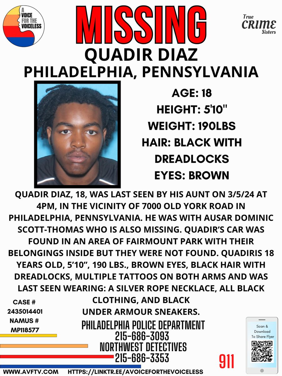 PLEASE‼️It only takes one second to share this #missingperson case. The willing and able can make a difference! 💙❤️🧡💛 #QuadirDiaz, 18, was last seen by his aunt on 3/5/24 at 4pm, in the vicinity of 7000 Old York Road in #Philadelphia, #Pennsylvania. he was with Ausar Dominic…