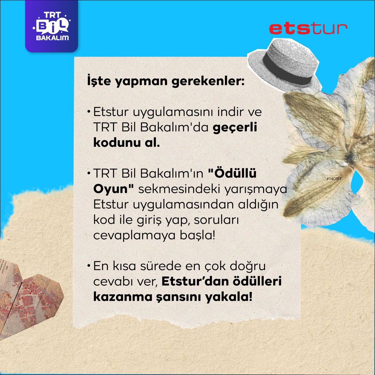 TRT Bil Bakalım ve Etstur iş başında! 🤩 3 Nisan 2024 tarihinde ödülleri toplamaya başlamadan önce talimatlara göz atmayı unutma! 👀 Uygulamaları henüz indirmediysen aşağıdaki bağlantılara tıkla! ⏬ TRT Bil Bakalım: bilbakalim.onelink.me/2IRV/yukle Etstur: app.adjust.com/u4o5ye6