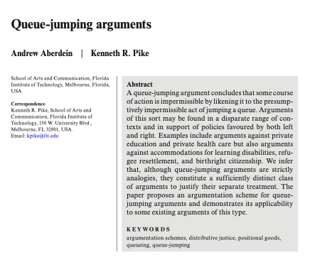 NEW PAPER! “Queue-jumping arguments” in Metaphilosophy, written with my <a href="/sac_at_fit/">SAC at Florida Tech</a> colleague, Kenny Pike. Link available here: philpapers.org/rec/ABEQAO