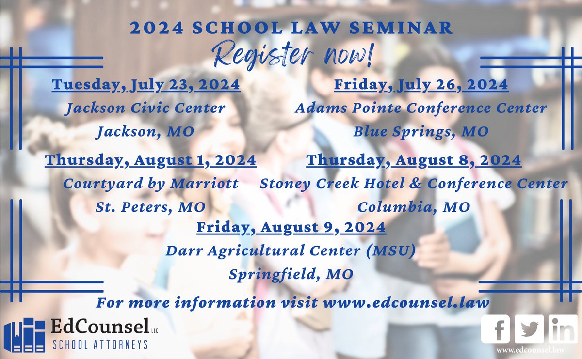Registration is now live for EdCounsel's Annual School Law Seminar! Register at link below. #trustedcounsel edcounsel.law/2024-school-la…