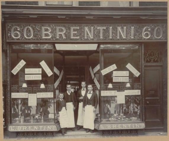 A photograph of Brentini confectionery shop and restaurant, at 60 Edgware Road, taken Circa 1890s.