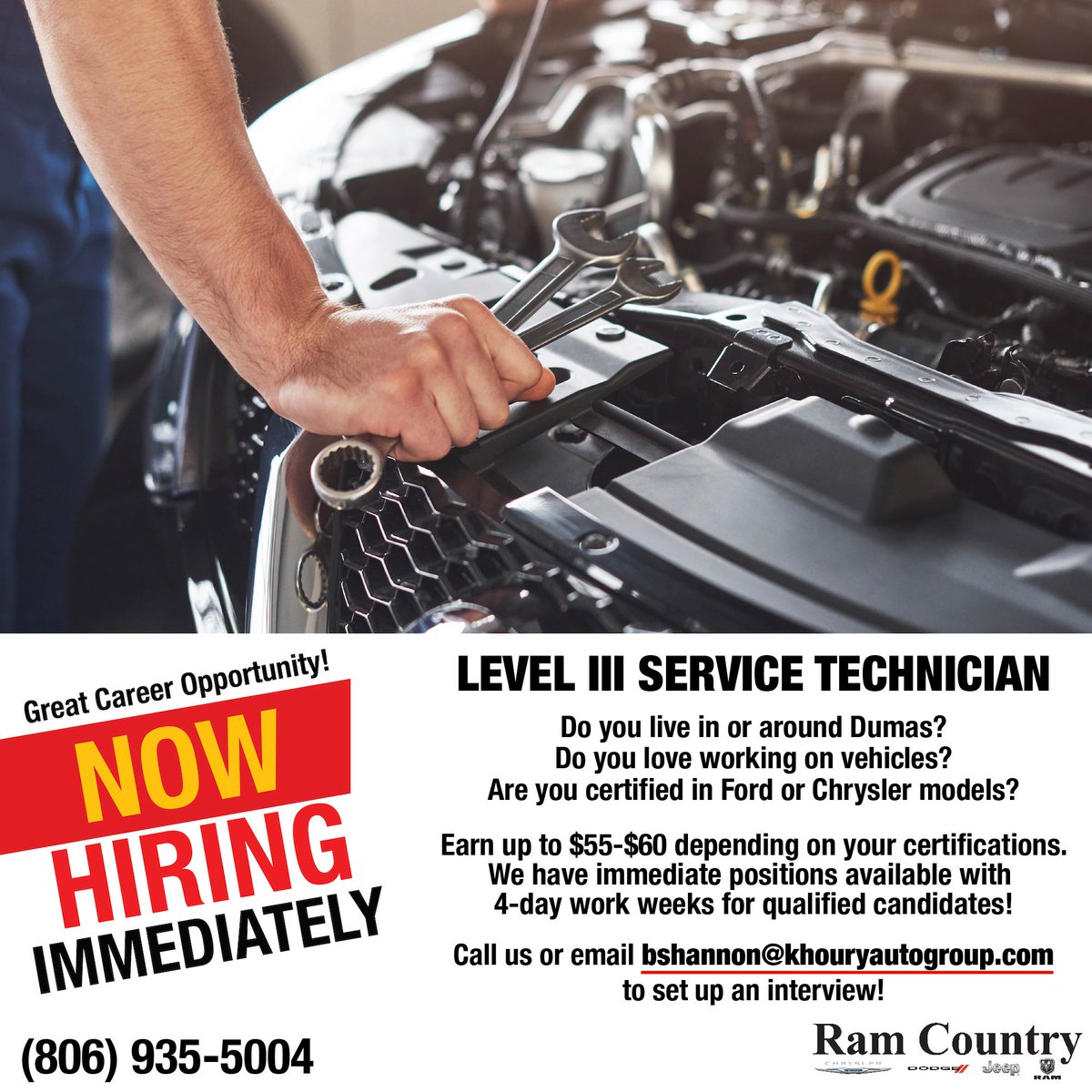 WE ARE HIRING Level III Service Technicians! 🔧 If you love working on vehicles and live in or around the Dumas area, call us or email bshannon@khouryautogroup.com to set up an interview! You can earn up to $55-$60 depending on your qualifications and certifications!