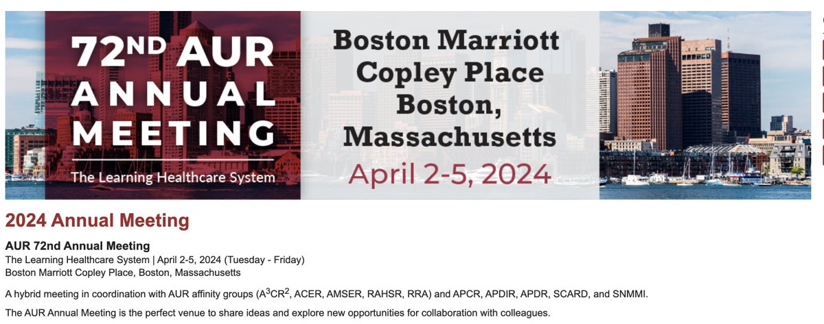 🥳We are looking forward to seeing & learning from everyone in Boston this week! Please use #AUR24 when sharing your experiences with everyone on social media. Safe travels to Boston! The fun begins tomorrow on 4/2! #radiology #MedEd #radtwitter