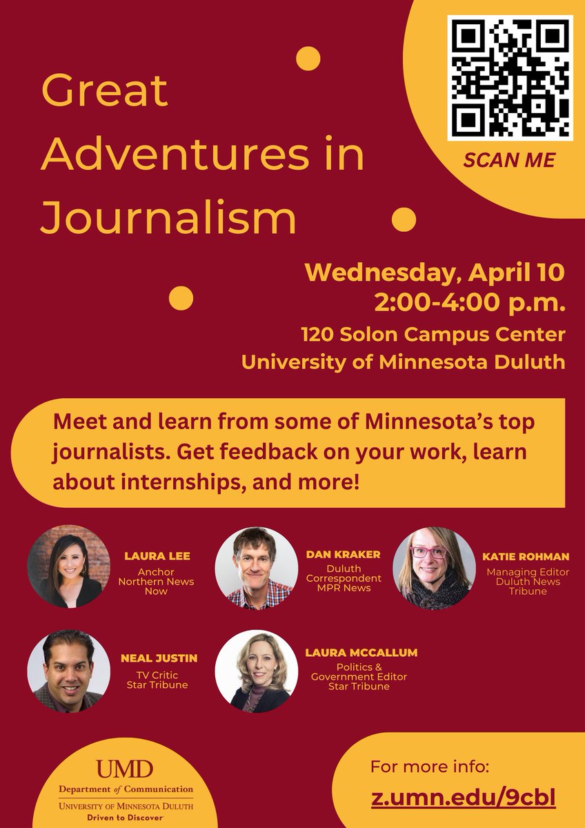 Hey #Duluth area folks please share widely. 
Workshop for high school and college students who want to learn about journalism and related careers. Folks from <a href="/NorthernNewsNow/">Northern News Now</a> <a href="/duluthnews/">Duluth News Tribune</a> <a href="/MPR/">MPR</a> &amp; <a href="/StarTribune/">The Minnesota Star Tribune</a> are hosting workshop <a href="/UMNDuluth/">UMN Duluth</a> on April 10. Drop-ins welcome!