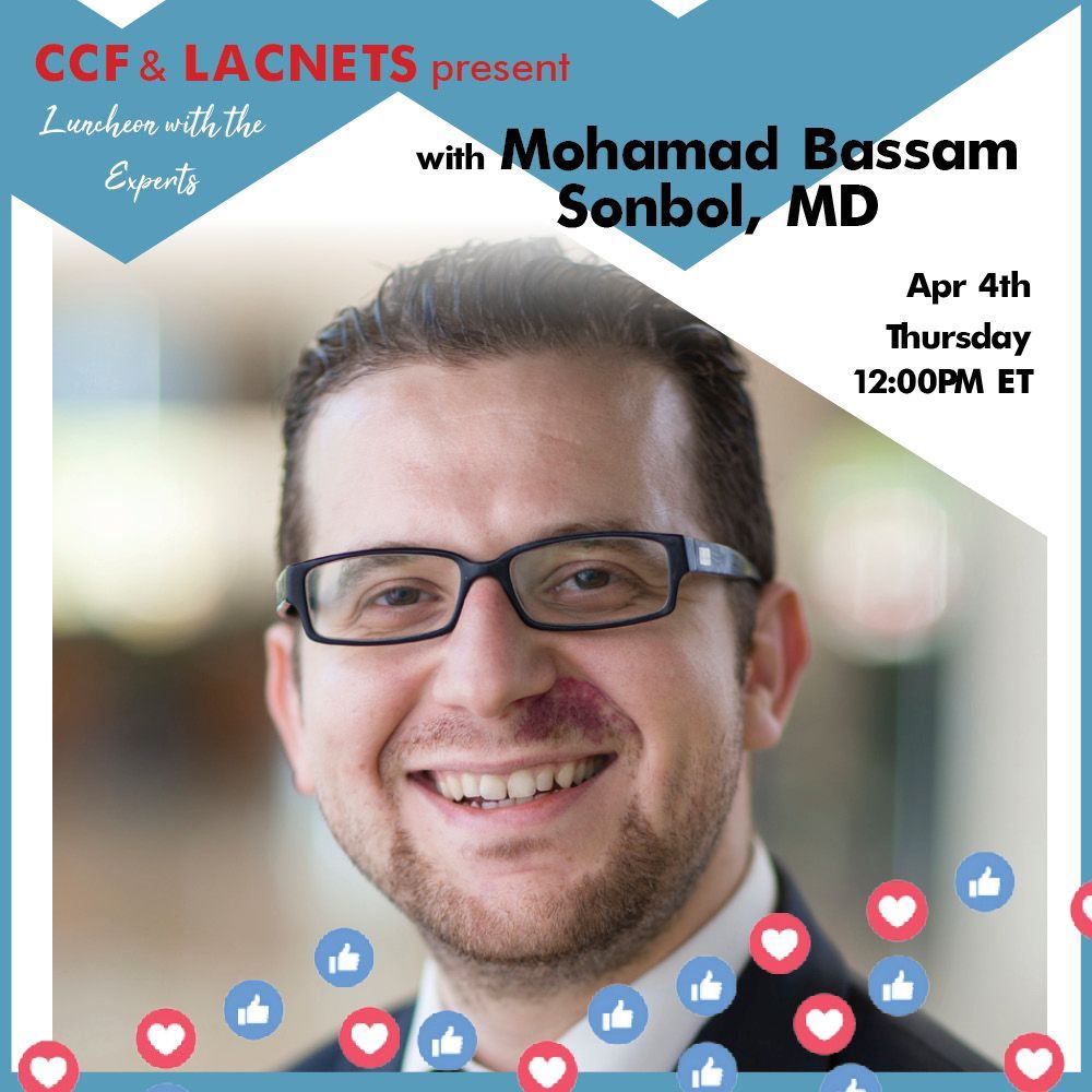 Join us this Thursday, April 4th, at 12PM ET, for the next episode of 'Luncheon with the Experts' Facebook Live event! Our featured guest will be NET expert M. Bassam Sonbol, MD! @sonbol_bassam @MayoClinic