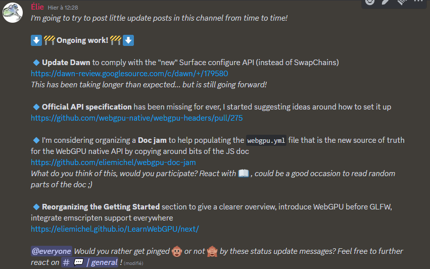 exppad's tweet photo. 📣From now on I'll try to regularly post updates about the 🔸#WebGPU Guide🔸!
Details can be found on the support #Discord server: https://t.co/3PScnBujXz
#LearnWebGPU #Dawn https://t.co/aoUoC9K9Xt
