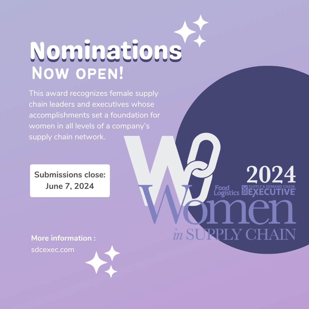 Exciting news! Nominations are now 𝗟𝗜𝗩𝗘 for our 2024 Women in Supply Chain award. 🎉 This award highlights the innovative spirit and leadership prowess of women driving success in #supplychain networks. Submit your nominations by June 7! ⤵️ bit.ly/49iAUmP