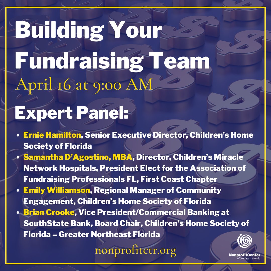 Join us on April 16! Courtney Weatherby-Hunter, Senior Fund Development Director for the Jacksonville Public Education Fund will be leading this actionable session. We will also be featuring an expert panel. Learn more and register at nonprofitctr.org