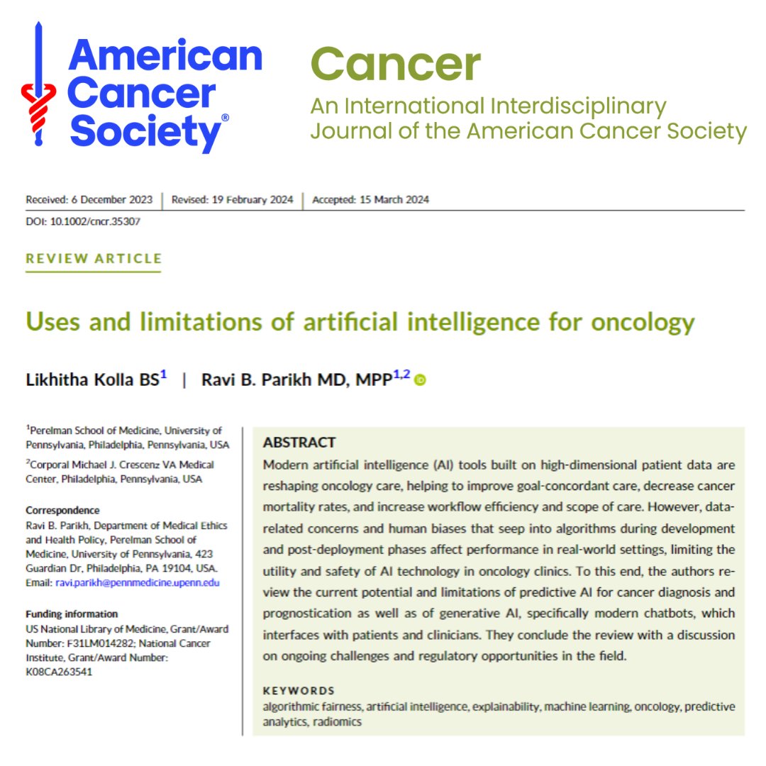 In this new #OpenAccess review, @likhitha_kolla and @ravi_b_parikh discuss uses and limitations of AI for oncology in areas ranging from diagnosis to prognosis to generative AI and patient communication. acsjournals.onlinelibrary.wiley.com/doi/10.1002/cn… @OncoAlert