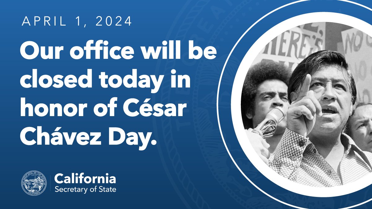 Our office will be closed today in honor of #CesarChavezDay. We will resume normal business hours Tuesday at 8 a.m. Thank you.