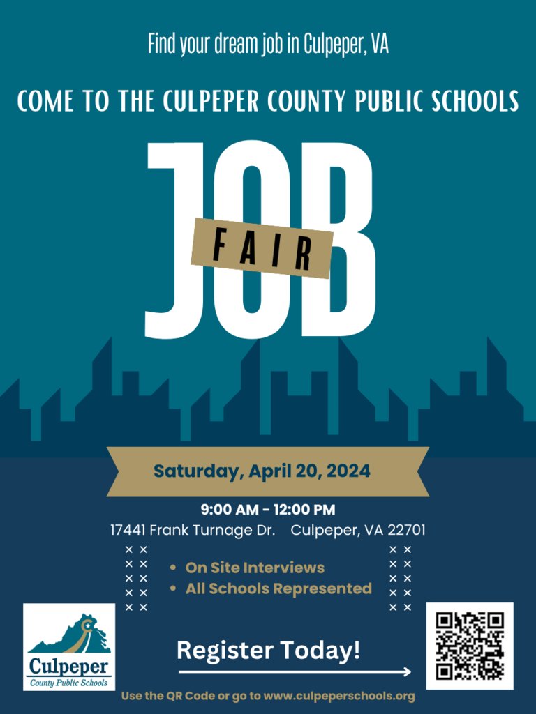 Ready to find your dream job? Join us at the CCPS Job Fair on April 20 and take the first step towards your future career! 🚀 We have opportunities waiting for you. Mark your calendars and come explore the exciting possibilities with Culpeper County Public Schools! #ALLin4CCPS