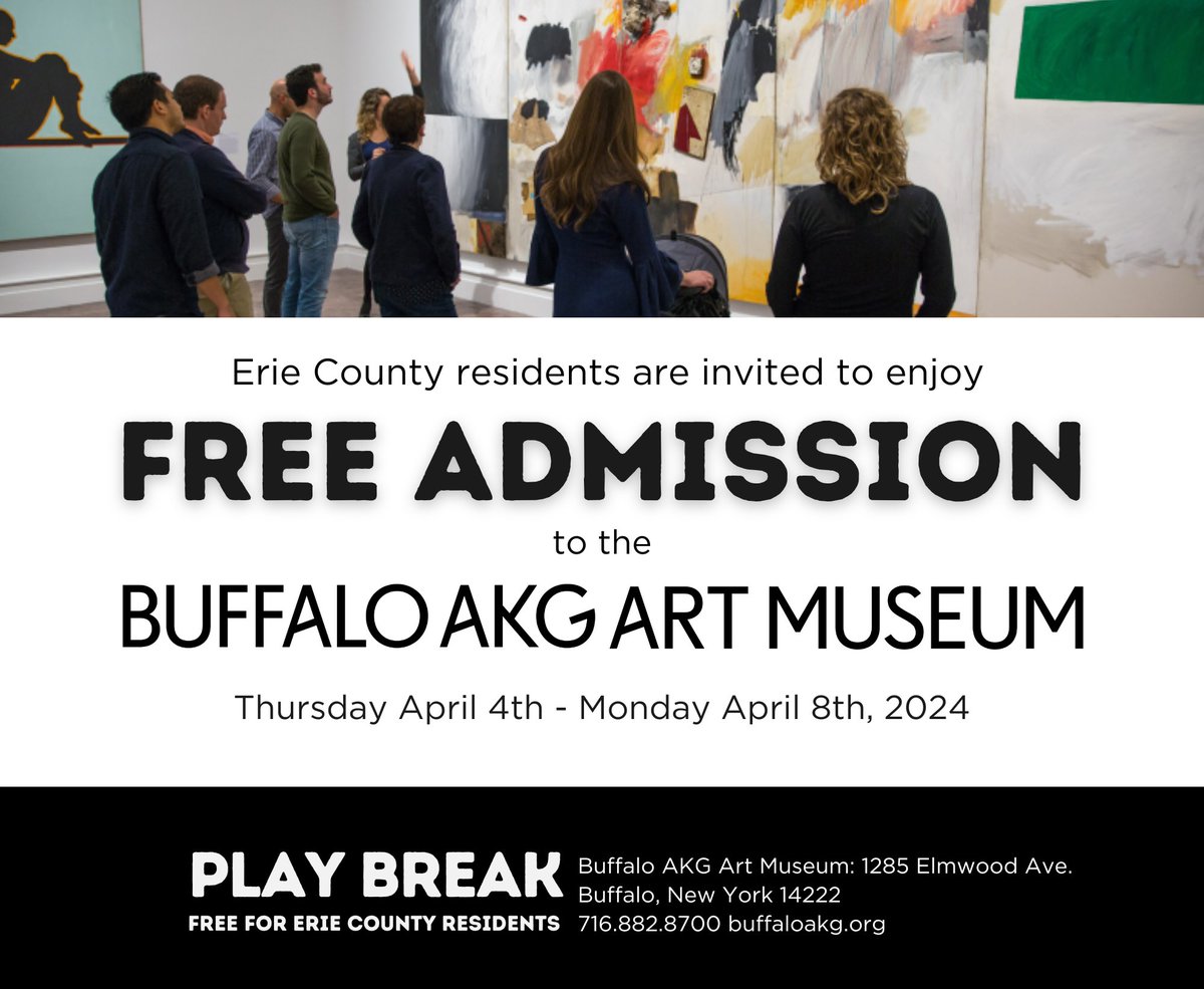 Have you heard? All Erie County residents are invited to enjoy FREE admission to the @BuffaloAKG from Thursday April 4th, to Monday, April 8th! Bring the family to enjoy great art and fun, interactive events and activities for all ages. More: buffaloakg.org/playbreak