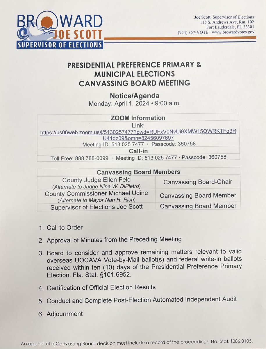 It's a wrap! Our last Canvassing Board meeting for the 2024 Presidential Preference Primary and Municipal Election was held this morning. This meeting was a historical one, as it serves as the final Canvassing Board meeting held in our Lauderhill office location. #BrowardVotes