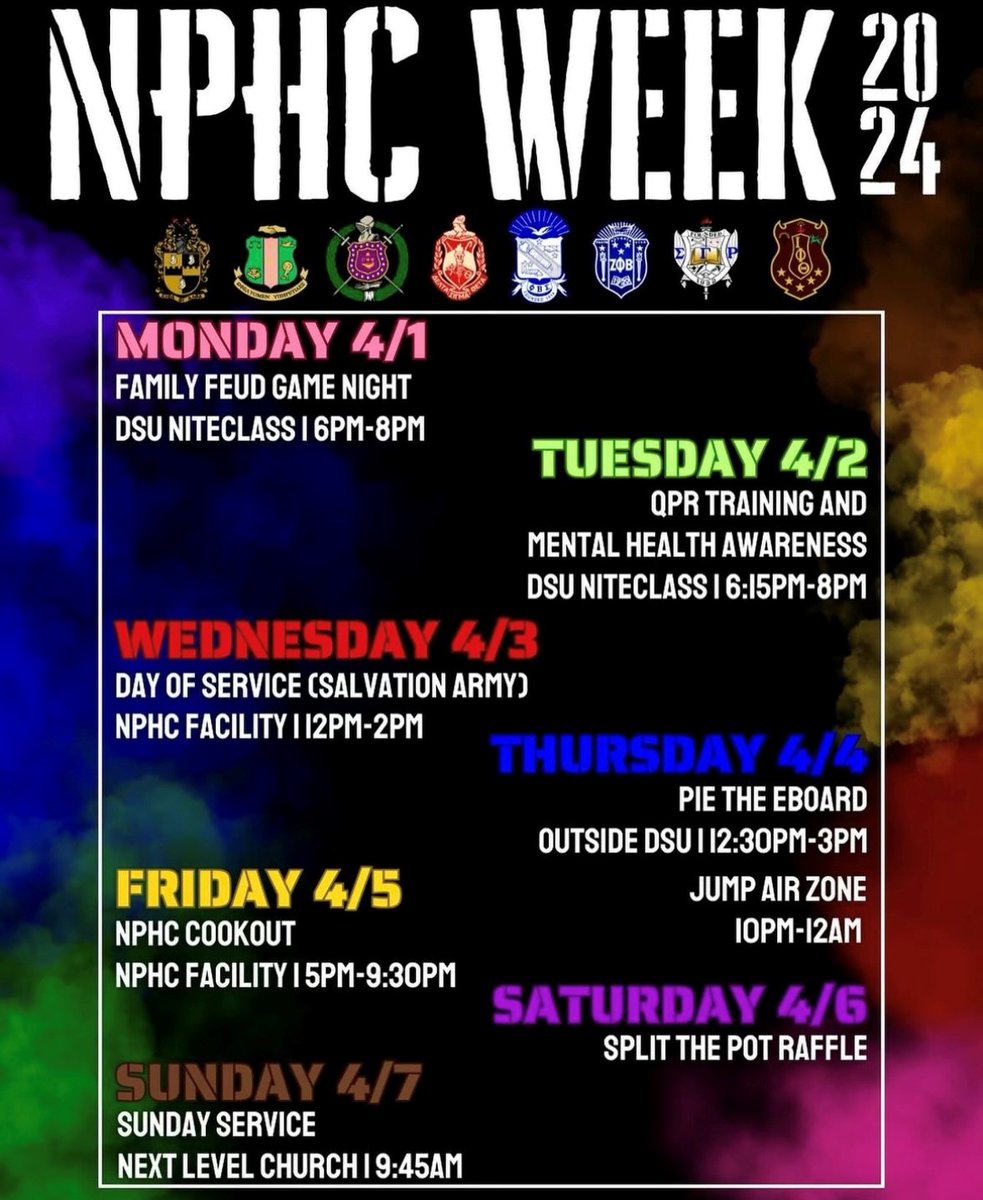 It’s time for NPHC week! Come join NPHC as we embrace on fun times, friendly competition, community service, and fellowship. All of the week’s events are open to WKU students. We look forward to seeing each and every one of you all.