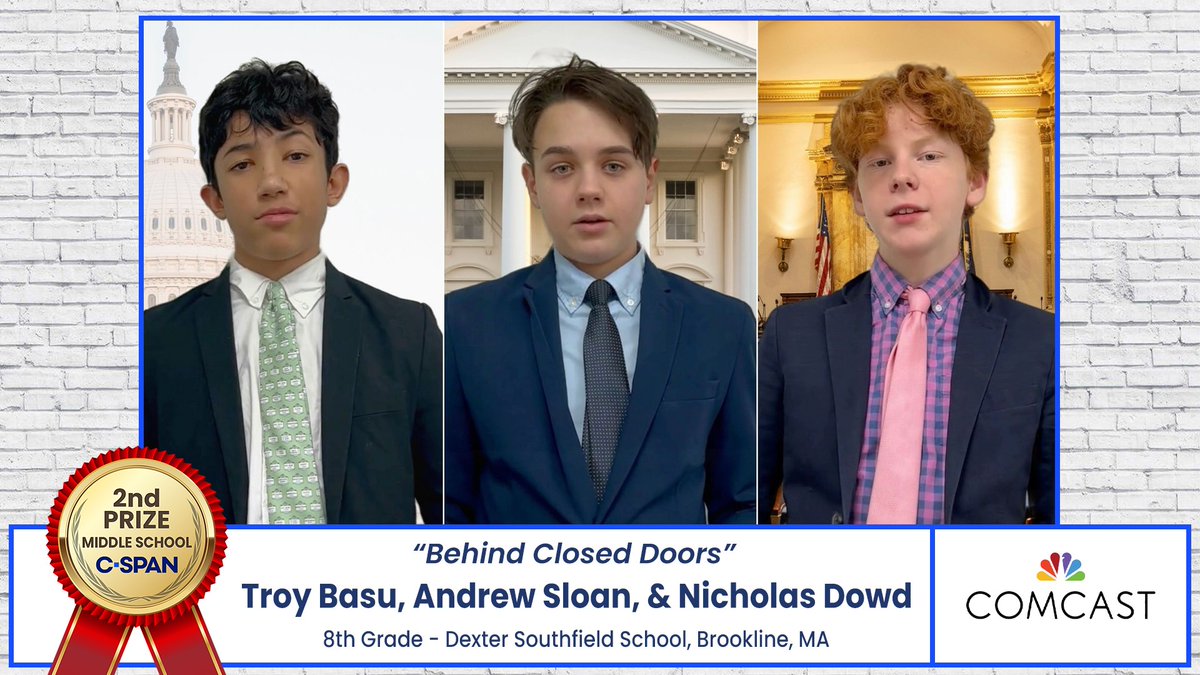 Congrats to 8th grade students Troy, Andrew, & Nicky from Dexter Southfield School in Brookline, Massachusetts who won 2nd Prize for their documentary about legislation and government transparency, 'Behind Closed Doors.' Watch their documentary here: studentcam.org/2024-2ndPrize-…