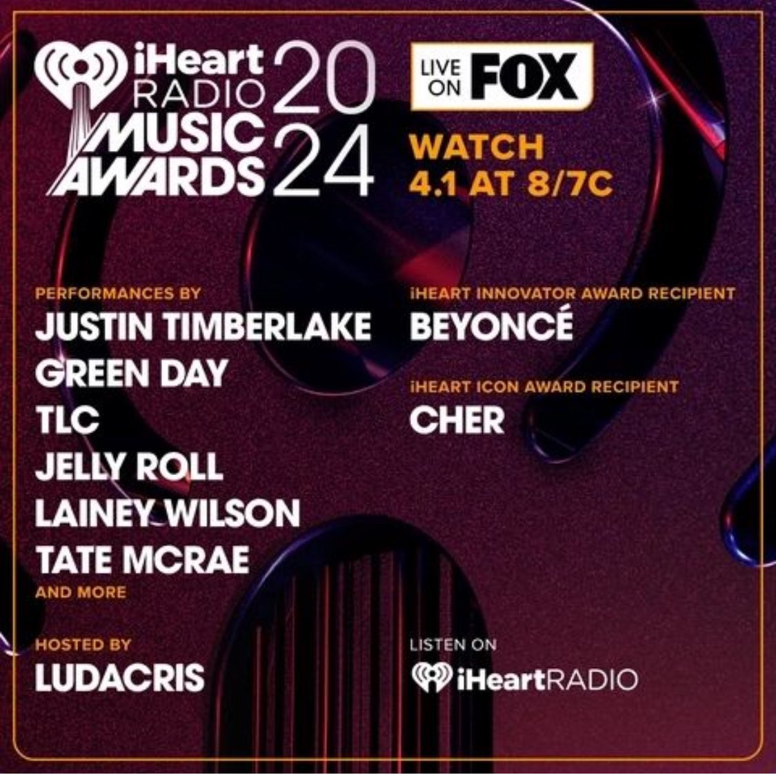 HAPPY #iHeartAwards2024!! 🌟Watch TONIGHT on @FOX29philly LIVE at 8/7c! 🖤 Who is excited to see #JustinTimberlake #TateMcRae #JellyRoll and more perform?! 🙌 Listen live on the @iheartradio app