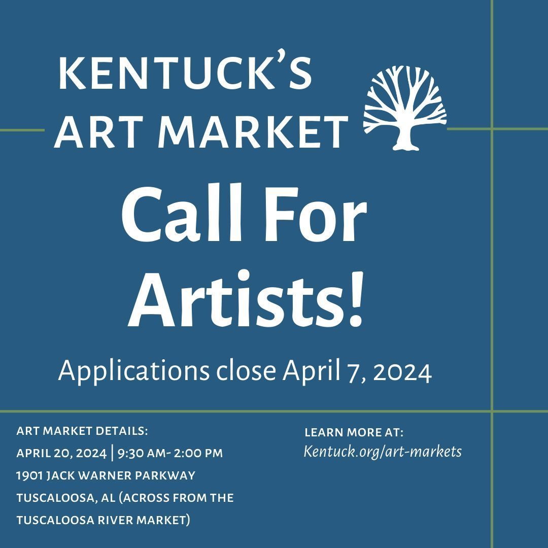 APPLICATION DEADLINE EXTENDED! Apply now for Kentuck’s April Art Market, happening April 20, 2024, 9:30 am-2:00 pm at 1901 Jack Warner Parkway, just across the street from the Tuscaloosa Farmers Market!🧺🌻Applications are open until April 7, 2024; 5PM buff.ly/49cMUGn