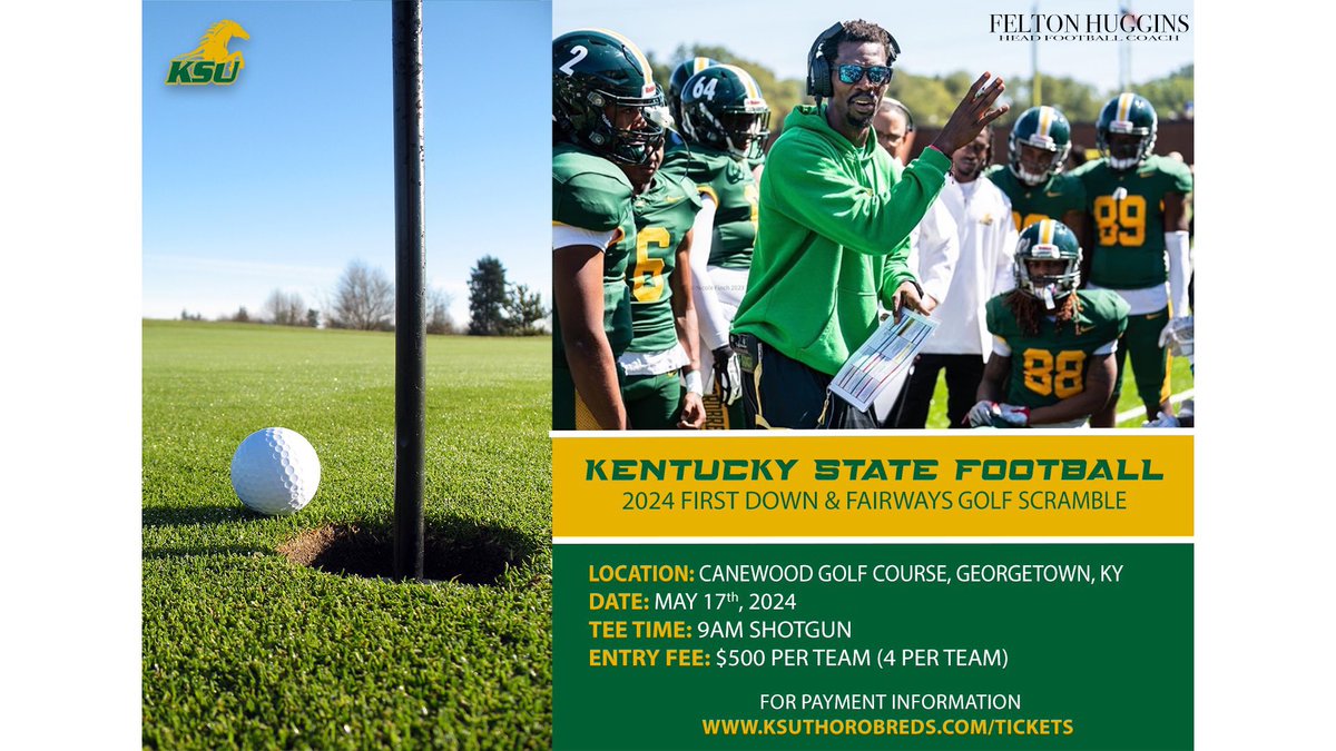 Swing into action on May 17th @canewood_golf in Georgetown, KY. Join us for the 1st Annual @KYSUFB First Down & Fairways Golf Scramble fundraiser benefiting the KSU Football Team. This will be a great event, that you don’t want to miss!! #CloseTheGAP ksuthorobreds.com/sports/2019/11…