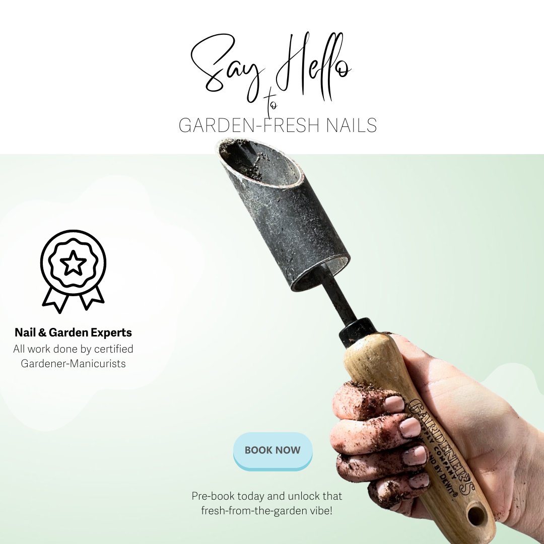 Haven’t had time to get your hands dirty in the garden lately? With our new Garden Manicure service, no one has to know! Say hello to garden-fresh nails — ANYTIME 🌱💅

Book today to unlock fresh-from-the-garden vibes! 

#gardenlife #gardening #gardenlove