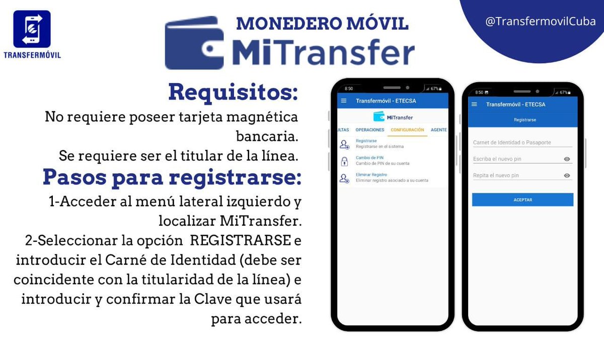 Si no tienes tarjeta magnética 💳 y quieres disfrutar de las bondades del #ComercioElectrónico para efectuar pagos en  linea de nuestros servicios de telecomunicaciones 📲☎️
👉Regístrate en  Monedero Móvil #MiTransfer desde #Transfermóvil y podrás hacerlo #PorUnaSociedadDigital