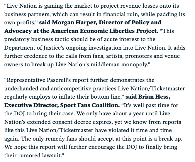 ICYMI: Bombshell legal docs exposed another way Live Nation-Ticketmaster exploits conflicts of interest to pad its profits.

The #BreakUpTicketmaster Coalition, @mh4oh, and @blhess of @sportsfanorg on what they mean.👇
economicliberties.us/press-release/…