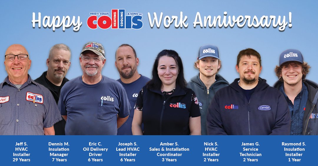 We have several #WorkAnniversaries to celebrate this #April! We are so thankful for each and every one of you. Here's to many more years with you all on Team Collis! 🌟 #HVAC #EnergyEfficiency #CleanEnergy #UticaNY #MohawkValley