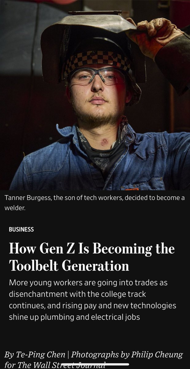 Gen Z = Toolbelt Generation. You love to see it. This increasingly wired, complex, complicated world will require a lot of physical infrastructure and skilled, hard working people to build and maintain it. They will make a lot of money. Good for them.