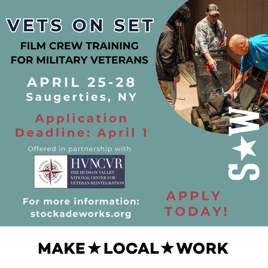 StockadeWorks's tweet photo. Last chance to apply! Vets on Set app deadline is today at 5pm.

Vets on Set, film crew training for HV based military veterans, is presented in partnership with @hvncvr.  Upon graduation, trainees become eligible for local film &amp; tv crew positions!

https://t.co/JjoX4MsTXA https://t.co/lo5Wxa12lB