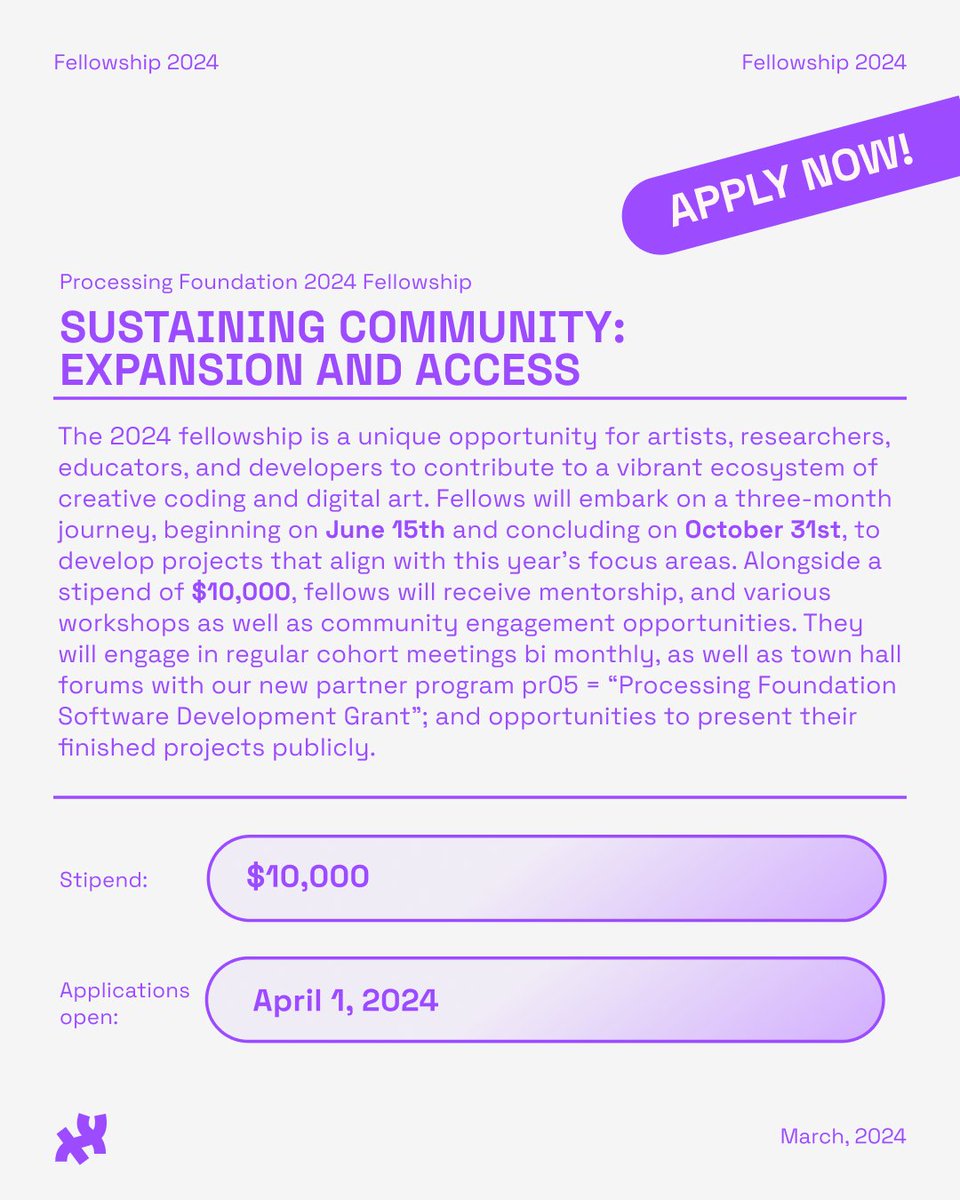 ProcessingOrg's tweet image. 🎉 2024 #Fellowship ‘Sustaining Community: Expansion & #Access’ is now open! 🎉 Receive a $10,000 stipend, #mentorship, and community support through our incredible program stewarded by our Program Manager, Tsige Tafesse @astoldbytsige. 🌟Apply now: …cessingfoundation-bpmfa.formstack.com/forms/2024_fel…