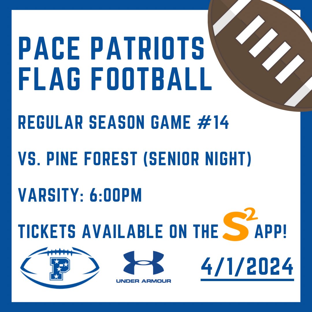 GAME DAY!!! Tonight we celebrate our 4 fantastic seniors as we take on the Pine Forest Eagles at 6pm! With our Senior Night presentation beginning around 5:45pm! #SeniorNight #Team6 #PaceFlagFB #UnderArmour #GoPatriots