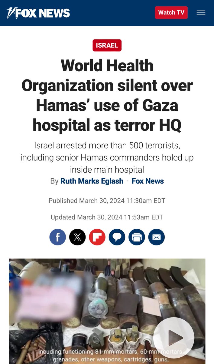 This should have been an international scandal at the highest levels since 10/7. Why has the @WHO been silent about Hamas’ abuse of hospitals as military bases, actively projecting blame onto Israel to protect Hamas? @reglash: foxnews.com/world/world-he…