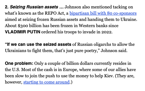 Russia's frozen assets being the source of continued funding for the Ukraine war effort is better than endless outright spending, but that money still could be better used as leverage to negotiate a settlement.