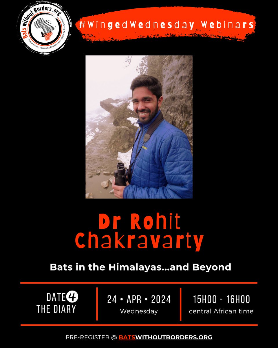 We warmly invite you to our next #WingedWednesday webinar! 🦇 On Wednesday 24 April, Dr Rohit Chakravarty will share; 'Bats in the Himalayas...and Beyond'. 3pm southern African time (2pm BST | 1pm GMT | 9am EDT) @paintedbat Sign up: lght.ly/ooab4c6