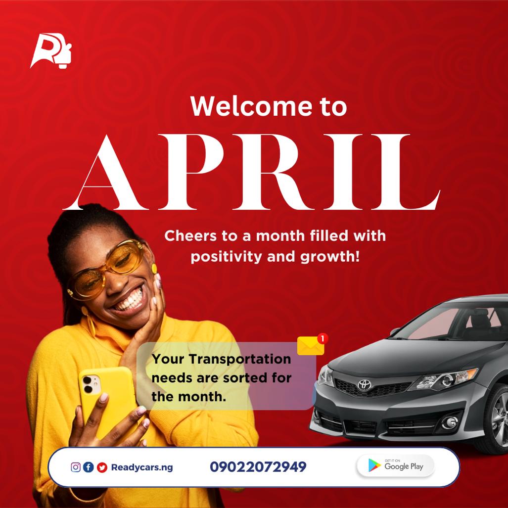 Happy New Month to all our Valued Clients🤗

 Wishing you the bliss that comes with a new month🥰
Keep getting better at what you do👌
. 
. 
#readycars #newmonth #newJourney #april #readytomove #carhire #carrentalinlagos #carrentalinibadan #carrrntalinosogbo #carrentals
