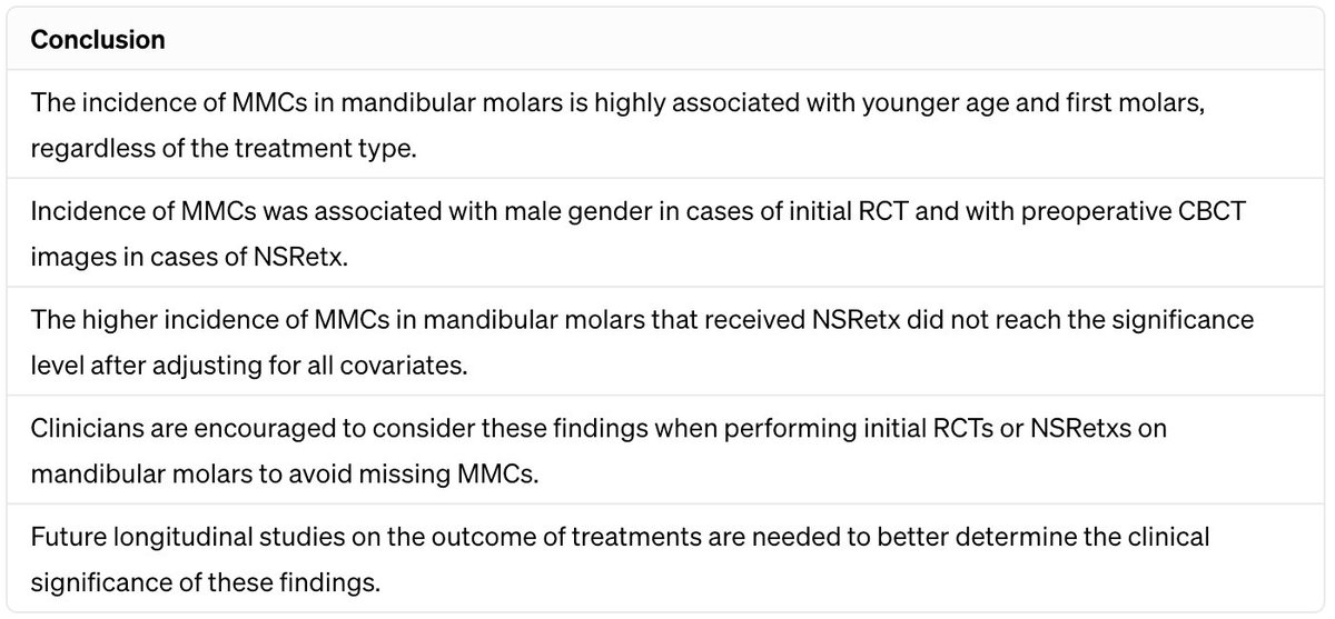 📊Incidence of Middle Mesial Canals in Mandibular Molars during Root Canal Treatment and Nonsurgical Retreatment

A total of 3018(RCT:1624;NSRetx:1394) molars treated in 1714 female patients and 1304 male patients were included in the study

Conclusion👇🏻

doi.org/10.1016/j.joen…