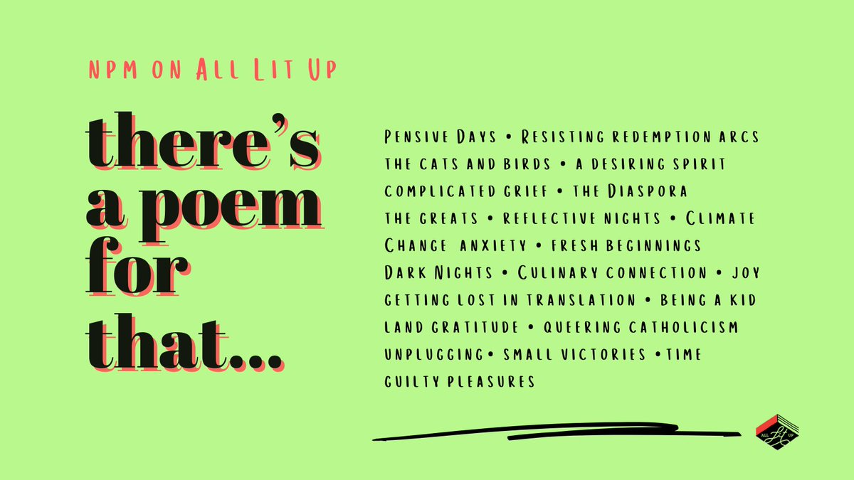 This #NationalPoetryMonth dip into There's a Poem for That, a collection of poems from 22 poets that clarify & celebrate our many moods & human moments. Find out what's coming up this month: alllitup.ca/national-poetr… #alupoemforthat