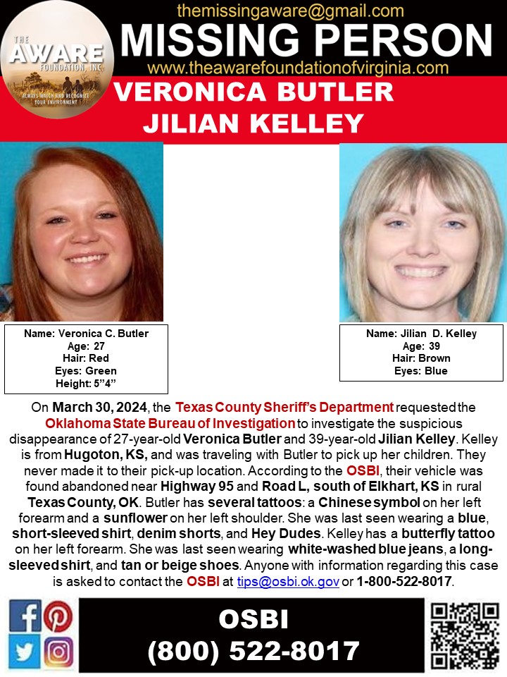 ***ENDANGERED MISSING ADVISORY*** TEXAS COUNTY, OK On March 30, 2024, the Texas County Sheriff's Department requested the Oklahoma State Bureau of Investigation - Authorized Page to investigate the suspicious disappearance of 27-year-old Veronica Butler and 39-year-old Jilian…