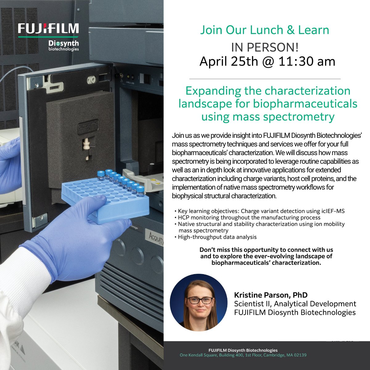 🔬 Join us IN PERSON on April 25th, 2024, at 11:30 am EST for a LUNCH & LEARN session in Cambridge, MA! Learn about our cutting-edge mass spectrometry techniques and services for comprehensive biopharmaceutical characterization. app.tickettailor.com/events/fujifil…
