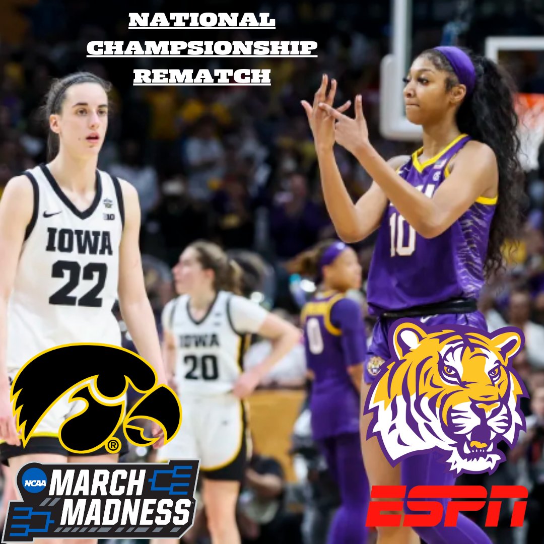 🚨Tune in to watch the rematch of the 2023 WBB National Title, and see future WNBA stars <a href="/CaitlinClark22/">Caitlin Clark</a> <a href="/Reese10Angel/">Angel Reese</a> face off for a trip to the Final Four in Cleveland‼️

📅 April 1, 2024
⏰ 7:00pm EST
📺 ESPN
🏟️ MVP Arena, Albany, NY
<a href="/LSUwbkb/">LSU Women's Basketball</a> 
<a href="/IowaWBB/">Iowa Women's Basketball</a> 
#marchmadness 
#SRM435