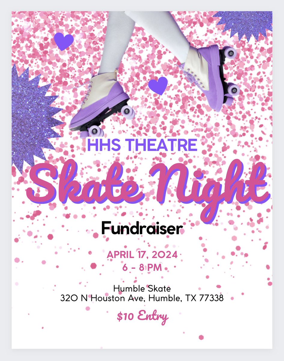 Mark your calendars friends! @HumbleISD_HHS Theatre department has some fun fundraisers for senior scholarships coming up and we would love for you to join us. So consider coming out for a meal on the 16th and for our Skate Night on the 17th. 🎭