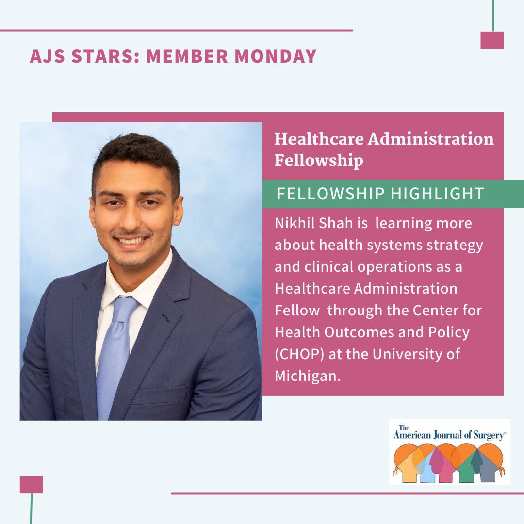 #MemberMonday 🌟 @NikhilShah_MD is learning more about health systems strategy and clinical operations 📊 as a Healthcare Administration Fellow (@UMichCHOPFellow) during his research time @UMichSurgery. 🗣️@ScottRegenbogen @jdimick1 👀 to learn more: medicine.umich.edu/dept/chop/trai…