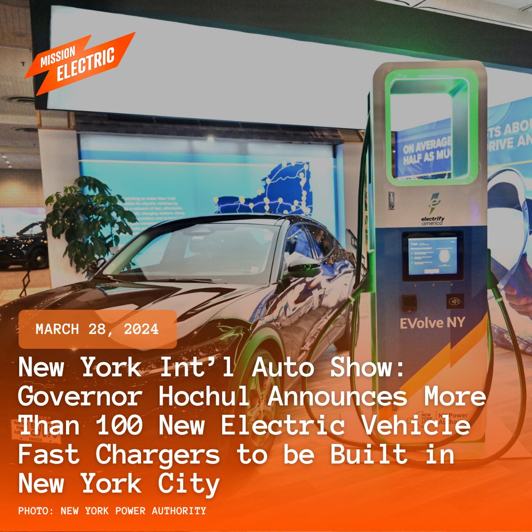 On the opening day of the 2024 New York International Auto Show, Governor Kathy Hochul announced New York State’s plans to install 100 new direct current fast chargers (DCFC) in New York City. bit.ly/3VFf1dY #MissionElectric #CleanCities