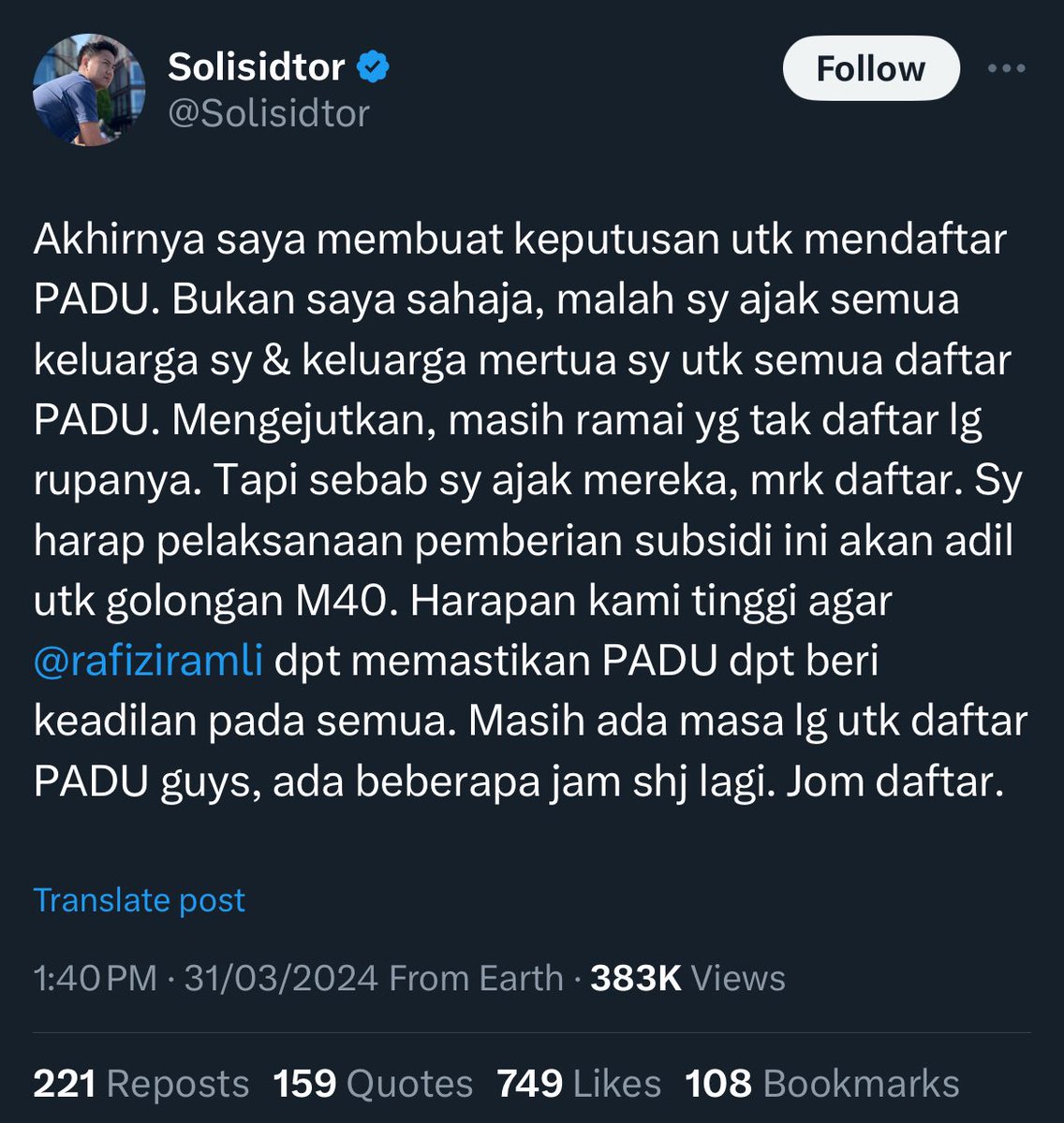 Tiap-tiap hari loyar buruk @Solisidtor hasut rakyat Malaysia jangan daftar PADU tapi last-last dia juga yang u-turun sokong dan puji PADU.