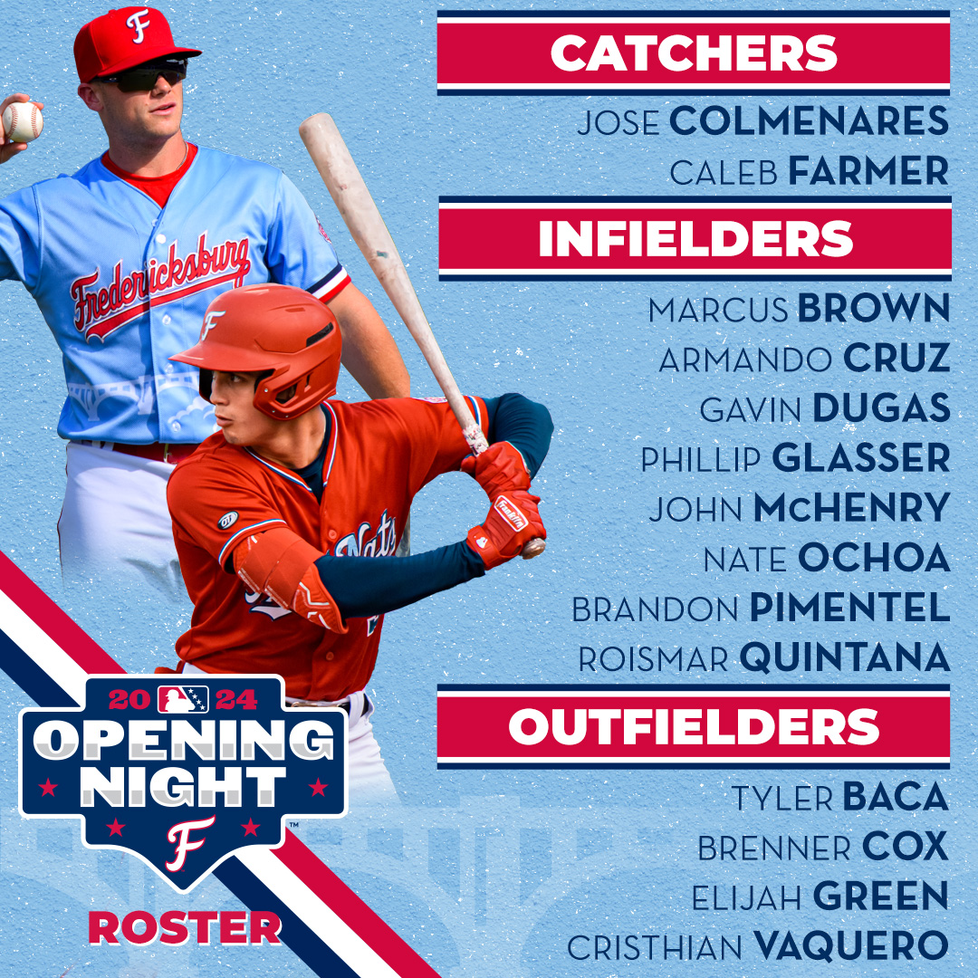 The 2024 FredNats Opening Night roster is here! 🤩 It includes 25 players that have appeared in at least one game with the FredNats before, as well as seven members of the Nationals' 2023 draft class and two former first round picks. Roster: bit.ly/FredNats2024Ro…