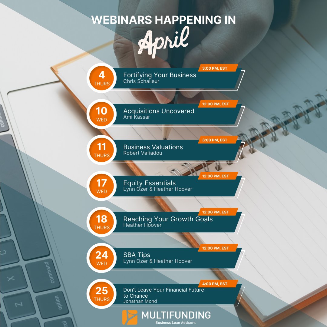 multifunding's tweet image. Hello April! 🌷 Spring into knowledge with our lineup of webinars this month! From industry insights to practical tips, we've got you covered. 

Get registered today! bit.ly/3Qle6Lx

#Webinars #AprilEvents #LearningOpportunities
