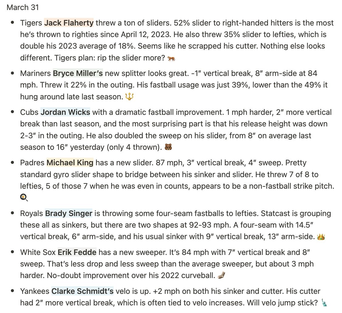 LanceBroz's tweet photo. March 31 pitcher shape metrics of note. #LanceNotes
-Jack Flaherty's slider usage
-Bryce Miller's new splitter
-Jordan Wicks' four-seam
-Michael King's new slider
-Brady Singer four-seamers
-Erik Fedde's new sweeper
-Clarke Schmidt's velo https://t.co/8OvIVjkj2I
