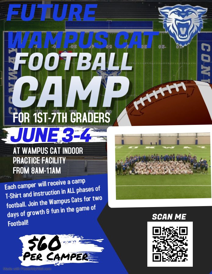 KIDS CAMP 2024!! We can’t wait to see everyone and work with the future of Wampus Cat Football! Go Cats! 🚾🏈