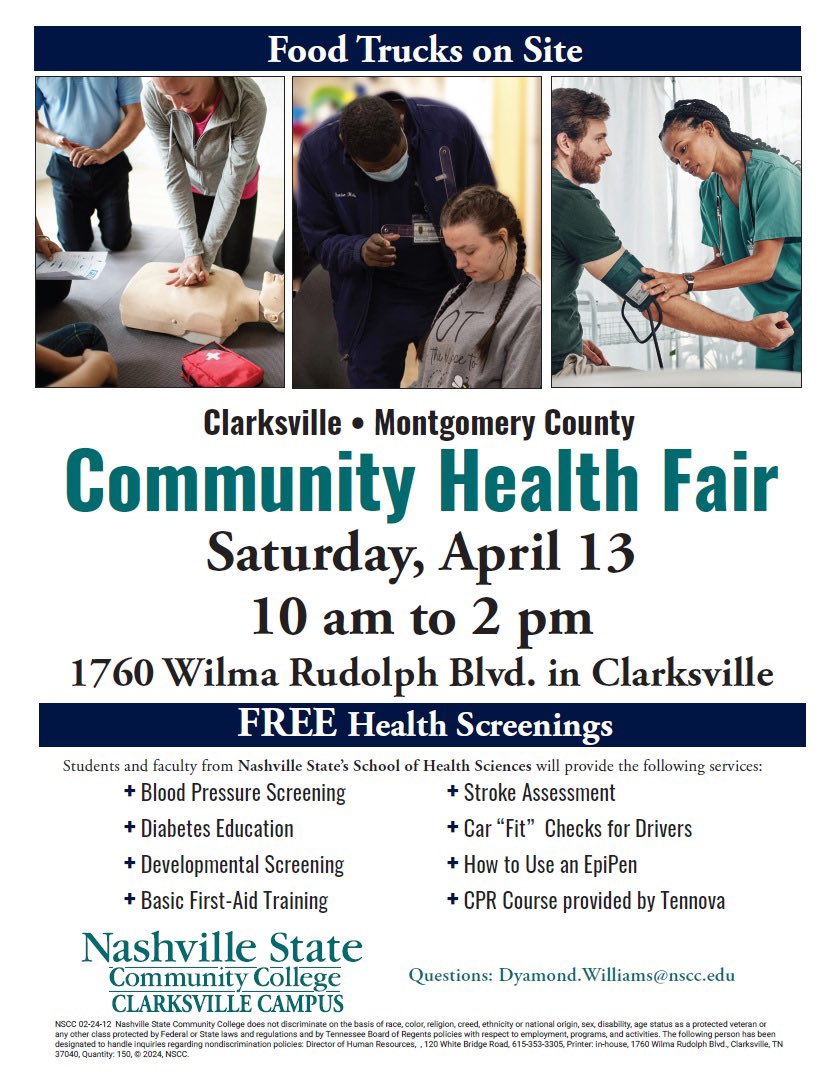 The Clarksville/Montgomery County community is invited to attend a free health fair at #NashvilleState’s Clarksville campus on Wilma Rudolph Blvd., Saturday, April 13, from 10 a.m. to 2 p.m. Local food trucks will be on-campus. More: nscc.edu/news/clarksvil…