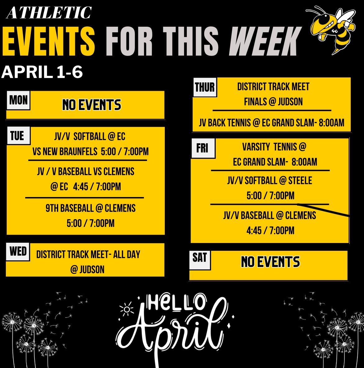 Hello April!! Our spring sports continue strong! Good Luck to EC Track at the District Meet! Go Hornets! #WeAreEC @ArriolaSuzette @ECISDtweets @booster_ec